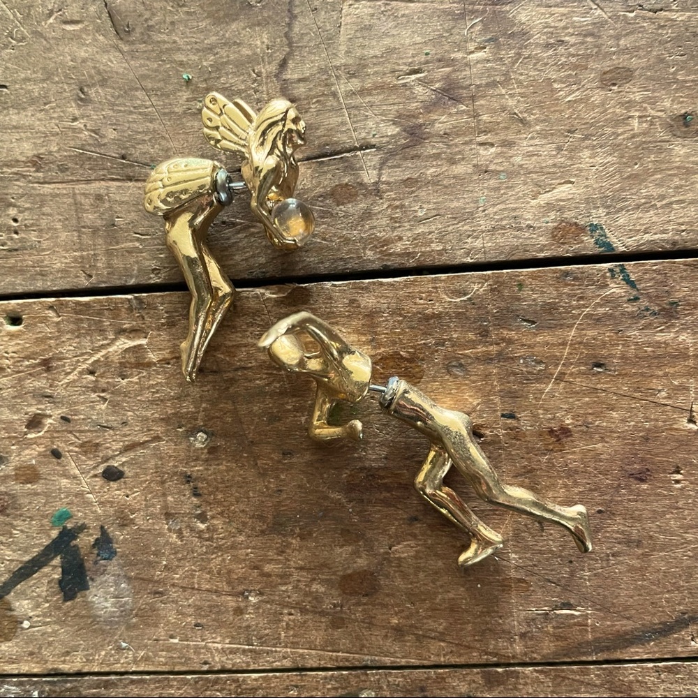 Vintage double sided pierced earrings fairy & swimming man